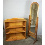 Pine Open Bookcase, 84cm high, 90cm wide, 26cm deep, With a Pine framed Cheval Mirror, (2)