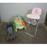 Childs High Chair, With a Childs Fisher Price Rocker Chair, And a Childs Buggy, (3)