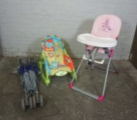 Childs High Chair, With a Childs Fisher Price Rocker Chair, And a Childs Buggy, (3)