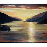 Anne White (Scottish, B.1960), Sunset Over Loch Shiel, oil on board, initials lower right, artist