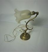 Edwardian Gilt Metal Adjustable Desk Lamp, With a frilly glass shade, 33cm high Condition