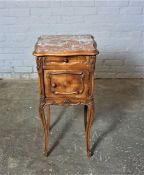 French Walnut Pot Cupboard, Having a fixed marble top above a Drawer and Door, Raised on Sabre legs,