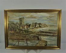 May Hutchison (Scottish 20th century) "Scottish Town and Beach Scene" Oil on Canvas, Signed, 50cm