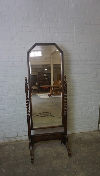Oak Cheval Mirror, Raised on Barley twist columns, 172cm high