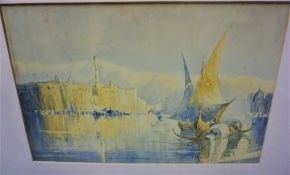 F.Richardson "Continental Scene with Boats" Watercolour, Signed, 21cm x 33cm