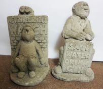 Two Composite Stone Garden Figures, Modelled as a Male with Slogan, 40cm high, (2)