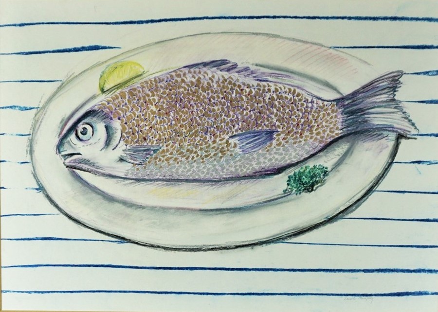 Laura Murphy "Abstract Study of a Fish" Mixed Media, Signed in pencil, 41cm x 57.5cm, Label to verso