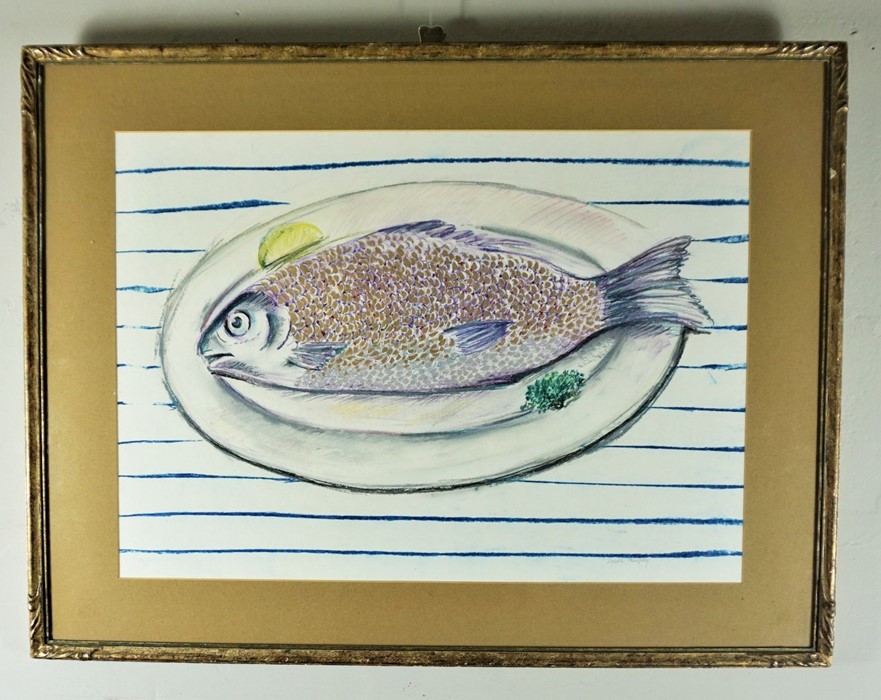 Laura Murphy "Abstract Study of a Fish" Mixed Media, Signed in pencil, 41cm x 57.5cm, Label to verso - Image 2 of 3