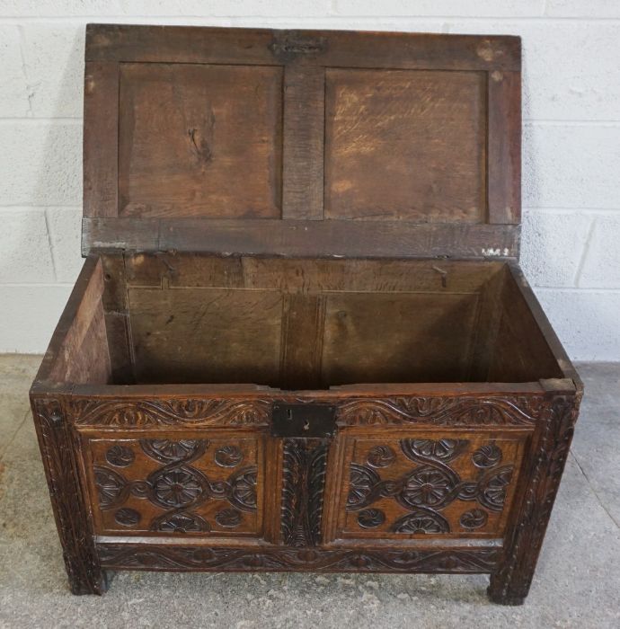 Oak Coffer, circa late 17th / early 18th century, Decorated with carved floral panels to the frieze, - Image 5 of 7