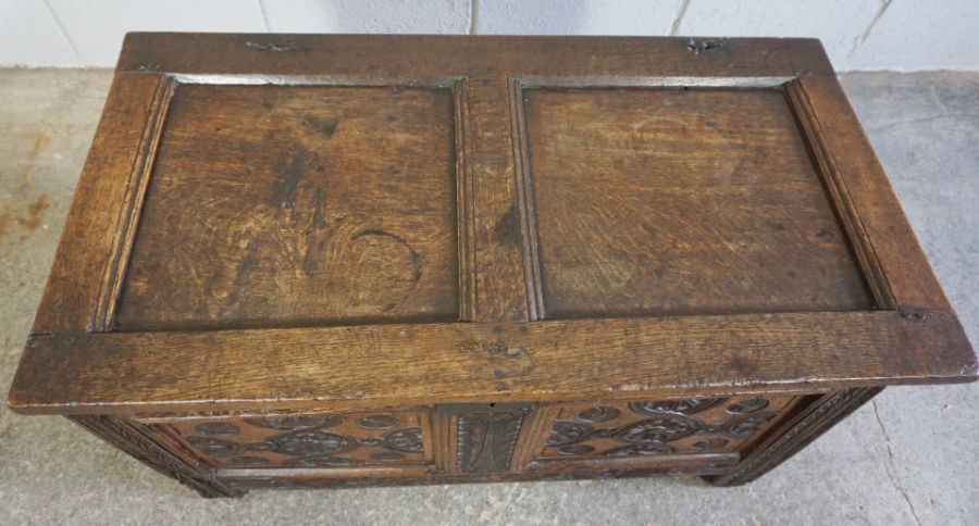 Oak Coffer, circa late 17th / early 18th century, Decorated with carved floral panels to the frieze, - Image 4 of 7