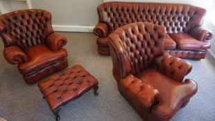 Red Four Piece Chesterfield Lounge Suite, Comprising of a Four Seater Sofa, Pair of Armchairs and