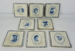 Set of Eight Blue and White Tiles, Decorated with male and female masks, 15cm x 15cm (8)