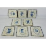 Set of Eight Blue and White Tiles, Decorated with male and female masks, 15cm x 15cm (8)