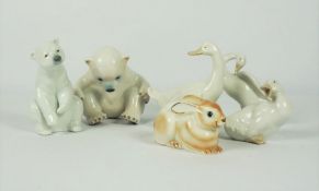 Six Assorted Porcelain Animal Figures, To include a Royal Copenhagen Polar Bear, Lladro Polar