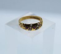 Victorian 15ct Gold Ruby and Seed Pearl Gypsy Ring, Stamped for Birmingham 1893, Set with three