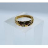 Victorian 15ct Gold Ruby and Seed Pearl Gypsy Ring, Stamped for Birmingham 1893, Set with three