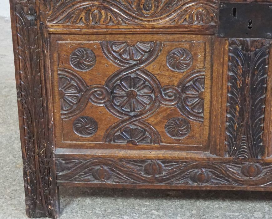 Oak Coffer, circa late 17th / early 18th century, Decorated with carved floral panels to the frieze, - Image 3 of 7