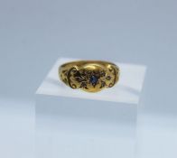 Victorian 18ct Gold Sapphire & Diamond Gypsy Ring, Stamped for Sheffield, Set with a small sapphire,