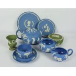 Mixed Lot of Blue and Green Wedgwood Jasperware, 28 pieces, With some Bone China Handled Cutlery and