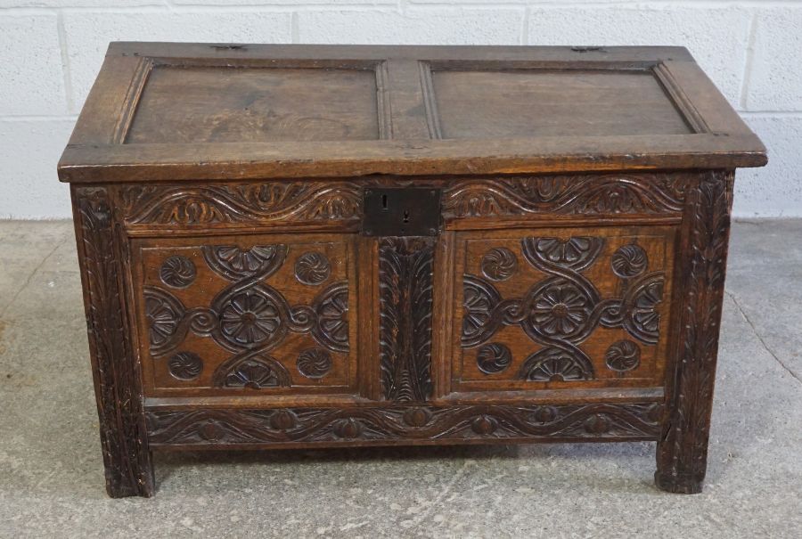 Oak Coffer, circa late 17th / early 18th century, Decorated with carved floral panels to the frieze,