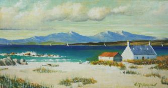 N MacPherson (Scottish) "Arran from the Ayrshire Coast, Near Maybole" Unframed Oil on Board, Signed,