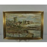 May Hutchison (Scottish 20th century) "Scottish Town and Beach Scene" Oil on Canvas, Signed, 50cm