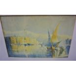 F.Richardson "Continental Scene with Boats" Watercolour, Signed, 21cm x 33cm