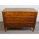 Queen Anne Style Walnut Chest of Drawers, Having three drawers, 91cm high, 126cm wide, 53cm deep