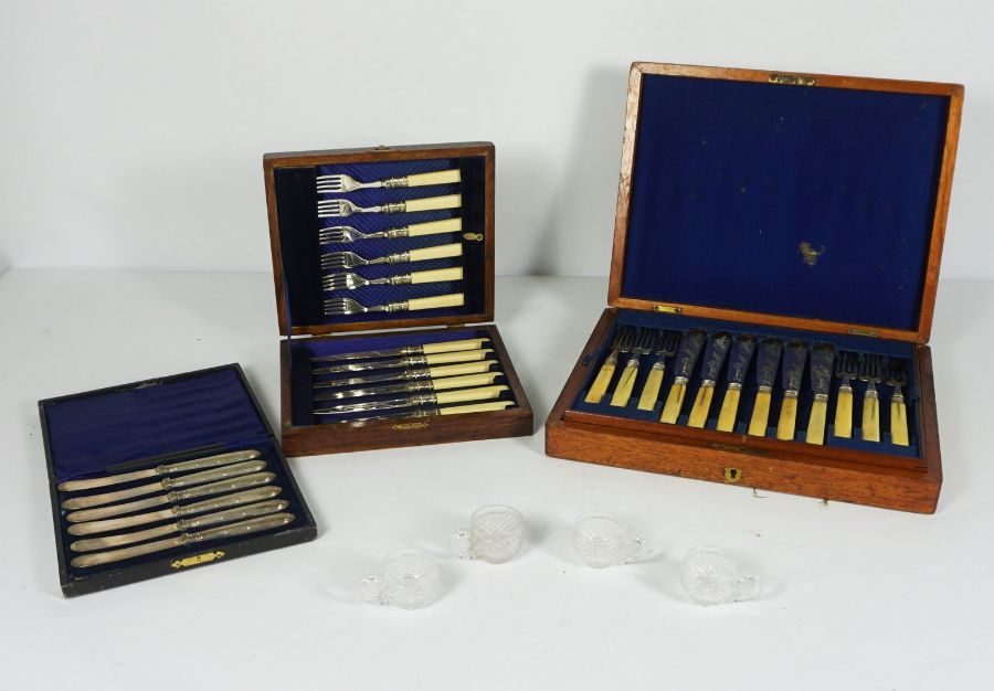 Set of Twelve Late Victorian Silver Plate Fish Knives and Forks, engraved with ferns, ivory handles,