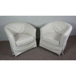 A Pair of Cream Linen Covered Tub Chairs with beige material covering a removable cushion