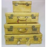 4 Vintage Luggage Trunks Initialled S.A.W, Lemon coloured leather trunks with peach silk lining.