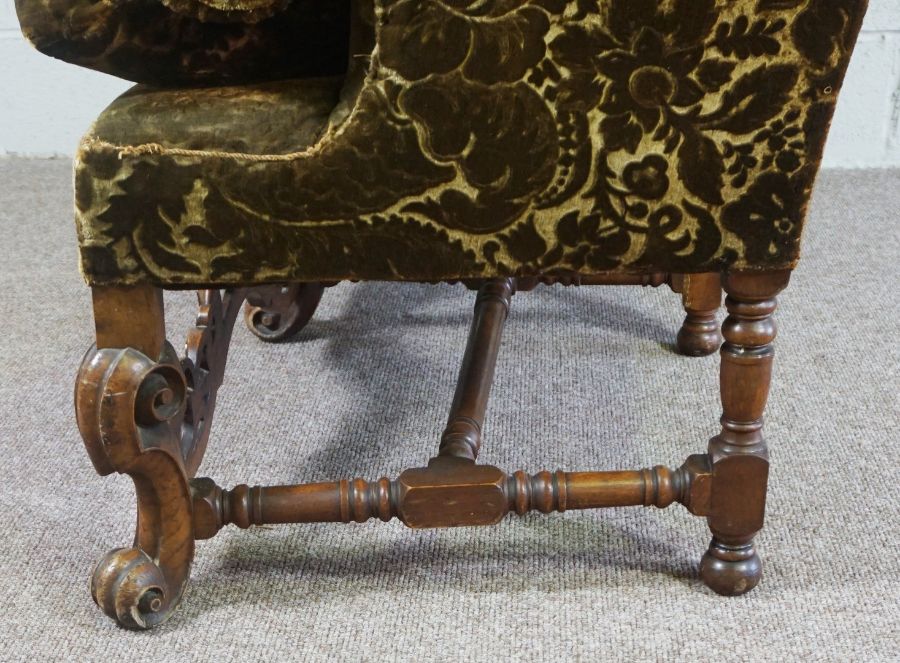 Walnut Framed Wing Back Settee, In Jacobean style, set with tapestry panels, on scroll legs and - Image 5 of 7