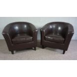 Two Replica Brown Leather Tub Chairs, Brown Faux Leather Upholstered with Removable Seat Cushions