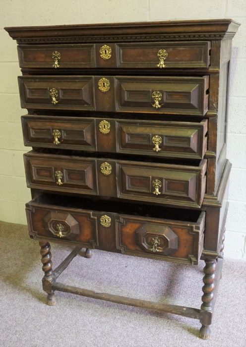 Charles II Oak Chest on Stand, Circa Late 17th Century, Having four long drawers above two small - Image 4 of 8