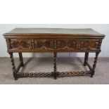 Charles II Oak Dresser Base, Late 17th Century, With two drawers, Raised on barley twist and beam