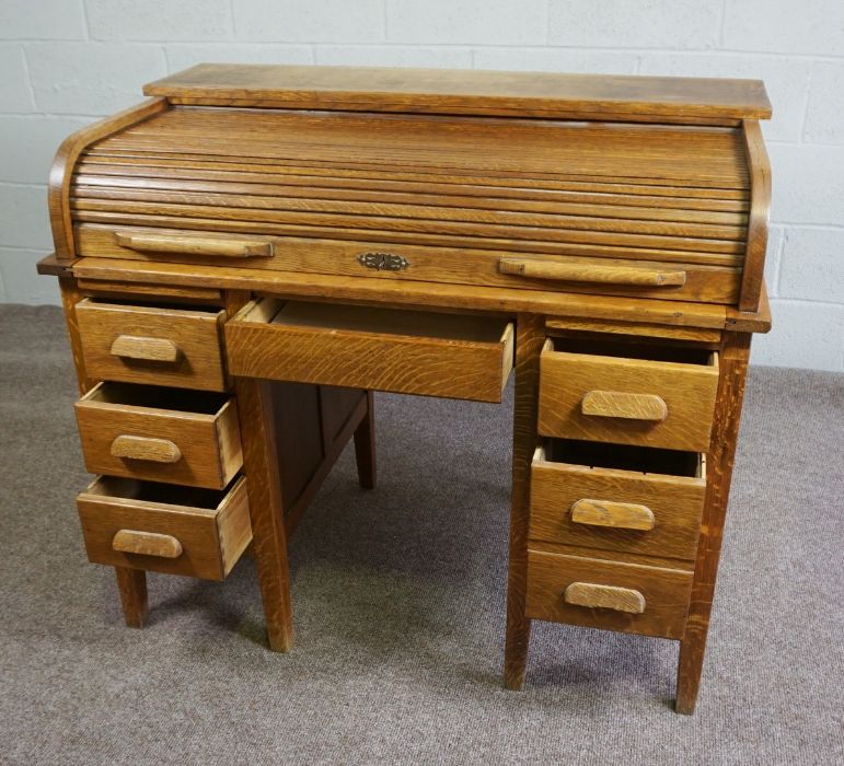 Oak Roll Top Desk, Circa Early 20th Century, Having a tambour roller shutter, Above a drawer, - Image 3 of 5
