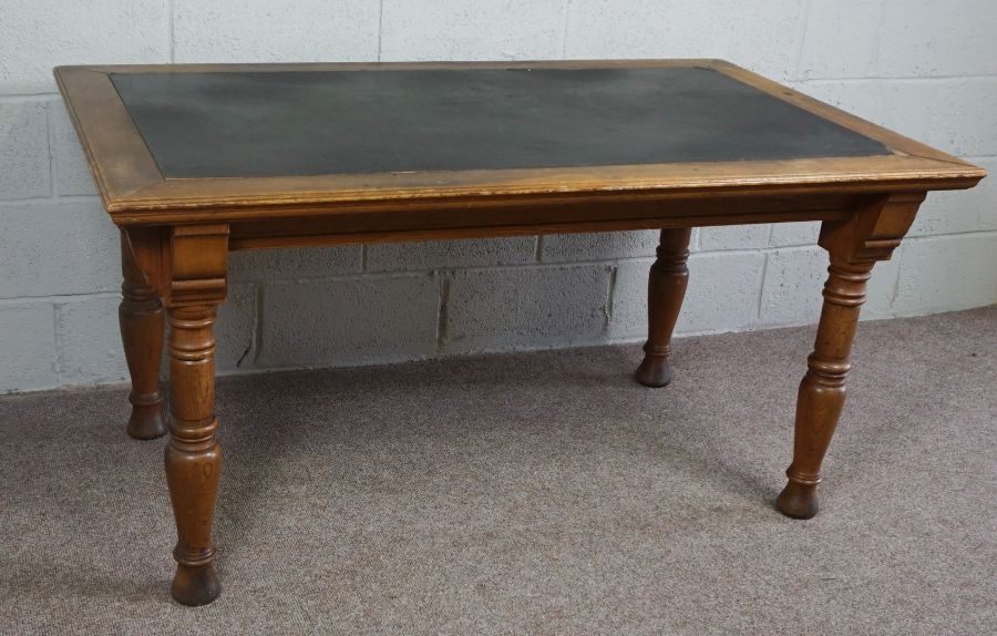 Oak and Pine Center Table, Rectangular top with leather inset panel raised on turned tapered legs - Image 3 of 8