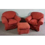 Two Orange Fabric covered arm chairs and a footstool