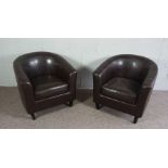 Two Brown Faux Leather Tub Chairs, Faux Leather Upholstered with Removable Seat Cushion