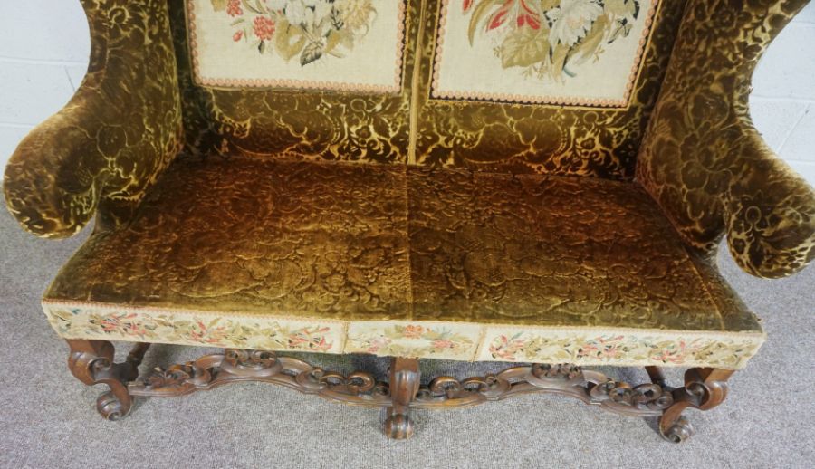 Walnut Framed Wing Back Settee, In Jacobean style, set with tapestry panels, on scroll legs and - Image 3 of 7