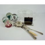 Five Selkirk Glass Paperweights, Two boxed, With a Boxed Bohemia Crystal Bowl, And some loose Silver