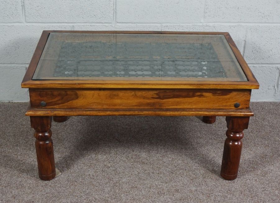 Glass Topped Coffee Table, modern wooden coffee table with iron detail under a glass top - Image 2 of 4
