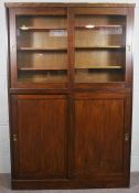 Victorian Stained Pine Housekeepers Cupboard, With two glazed doors over two panelled doors