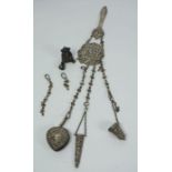 Edwardian Silver Chatelaine, Birmingham 1902, Cast with Cherubs and Scrolls, Hung with a Similar