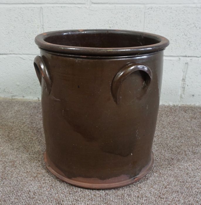 A Brown Glazed Earthenware Pot of cylindrical form with loop handles - Image 2 of 3