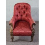 Victorian Walnut Framed Ladies Armchair, with scroll supports and baluster legs, Upholstered in