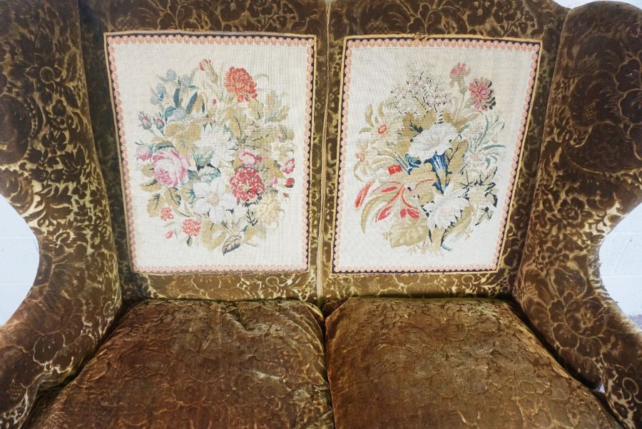 Walnut Framed Wing Back Settee, In Jacobean style, set with tapestry panels, on scroll legs and - Image 2 of 7