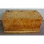 Pine Storage Chest, Circa Late 19th Century, Having a hinged top, Decorated with metal brackets,