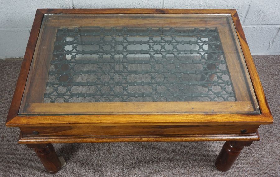 Glass Topped Coffee Table, modern wooden coffee table with iron detail under a glass top - Image 4 of 4
