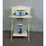 Iron and Wood, chalk painted Wash Stand with Decorative Jug and Bowl Set, Washstand painted in White